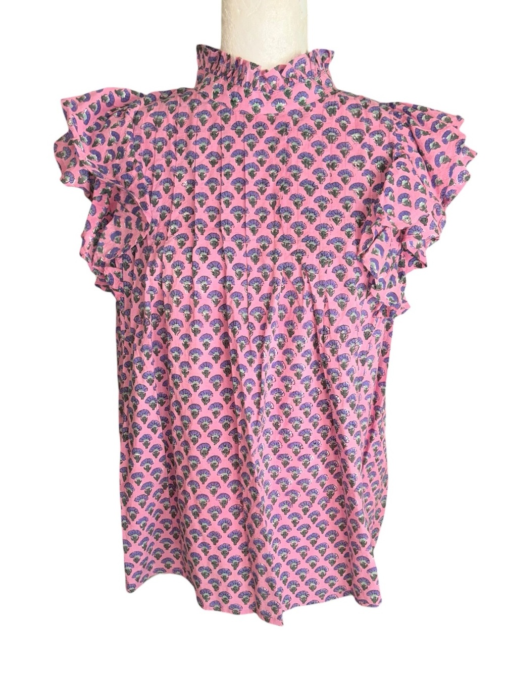 Sur La Vague SLV Pink Purple Floral Print Ruffle Neck Sleeve Button Back Top  OS
